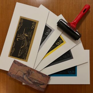 Linoleografia serie Gatto Pescatore in passepartout 30x15