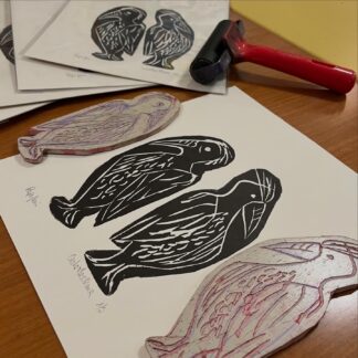 Linoleografia Papageni su carta Rosaspina 20x25